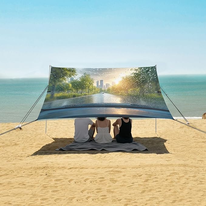 Car Window Outside Rainy Landscape Beach Tent Sun Shelter Set UPF50+ UV Protection 10.5 x 9.19 FT Camping Shade Canopy with Sandbags Sand Anchors Carrying Bag and Others