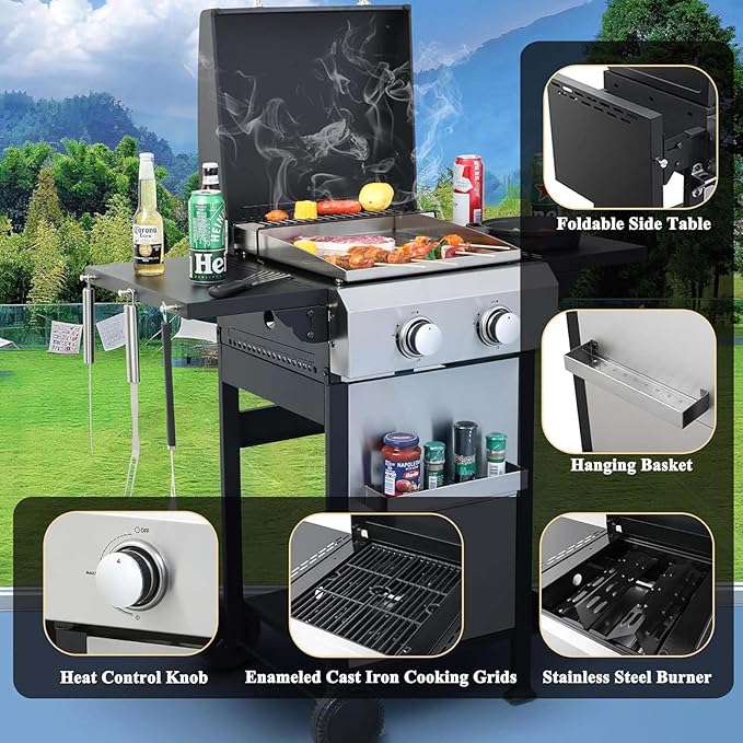 2-Burner Propane Gas BBQ Grill with Wire Enamel Cooking Grids &amp SS Plancha 24600 BTU Output Stainless Steel Grill with Foldable Side Table and Hanging Basket for Outdoor Backyard Barbecue