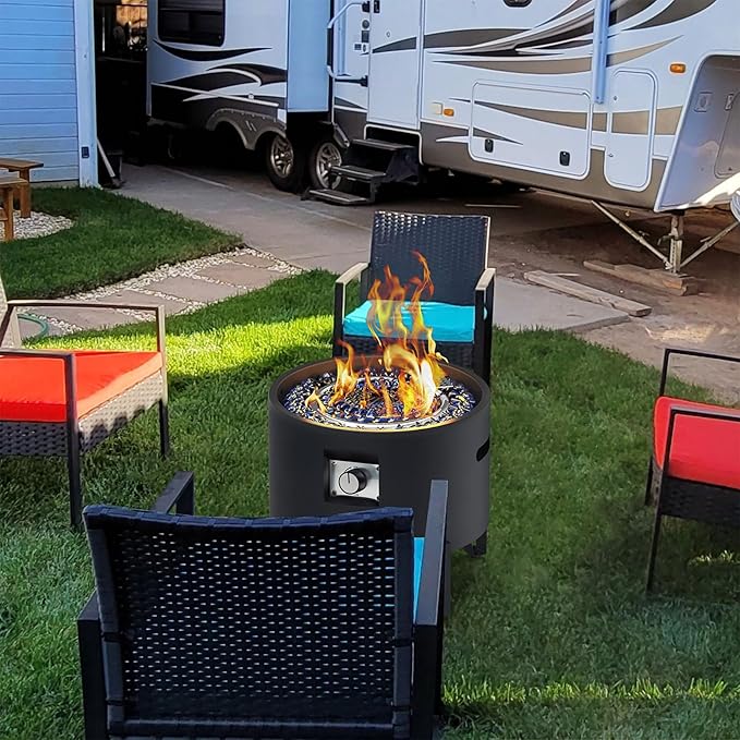 BAIDE HOME Portable Propane Fire Pit for Camping RV 50000 BTU Round 15'' H x 16'' W Portable Gas Firepit W/Lid Glass Rocks &amp Weather Resistant for Outdoors Propane Extension Hose Black