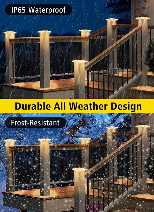T-SUN Solar Post Cap Lights 4x4 Deck Post Solar Powered Lights 12 Packs IP65 Waterproof Outdoor for Stairs Steps Railings Vinyl &amp Wood Fence Tops Yard Patio Auto Dusk to Dawn (Warm White)