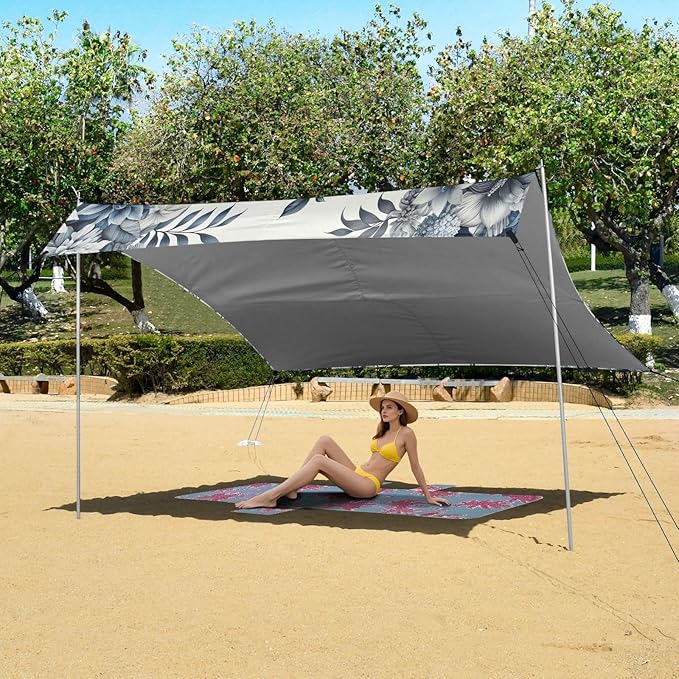 Exotic Flowes Blue Beach Tent Sun Shelter Set UPF50+ UV Protection 10.5 x 9.19 FT Camping Shade Canopy with Sandbags Sand Anchors Carrying Bag and Others