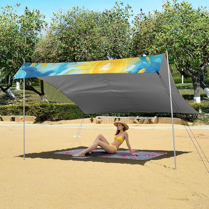 Beach Canopy with Windproof Ropes &amp Sandbags Beach Tent Sun Shade Sun Shelter for Camping Trips Fishing Backyard Fun or Picnics Sunflowers