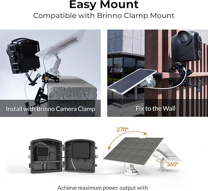 Brinno ASP1000-P Solar Panel Kit Bundle with Mount | 10W Solar Panel for Time Lapse Camera | IP65 Waterproof | DC 5V Outdoor Rechargeable Camera Battery USB-C Cable and Adjustable Security Mount