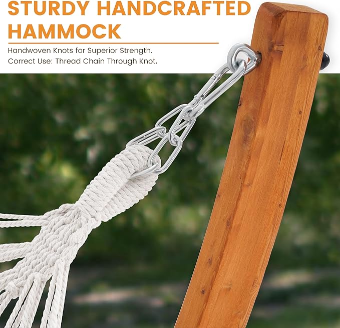 Lazy Daze Hammocks Cotton Fabric Spreader Bar Hammock and 10.5 Ft Wood Arc Hammock Stand Combo for Outdoor Indoor Patio Backyard Blue and Yellow