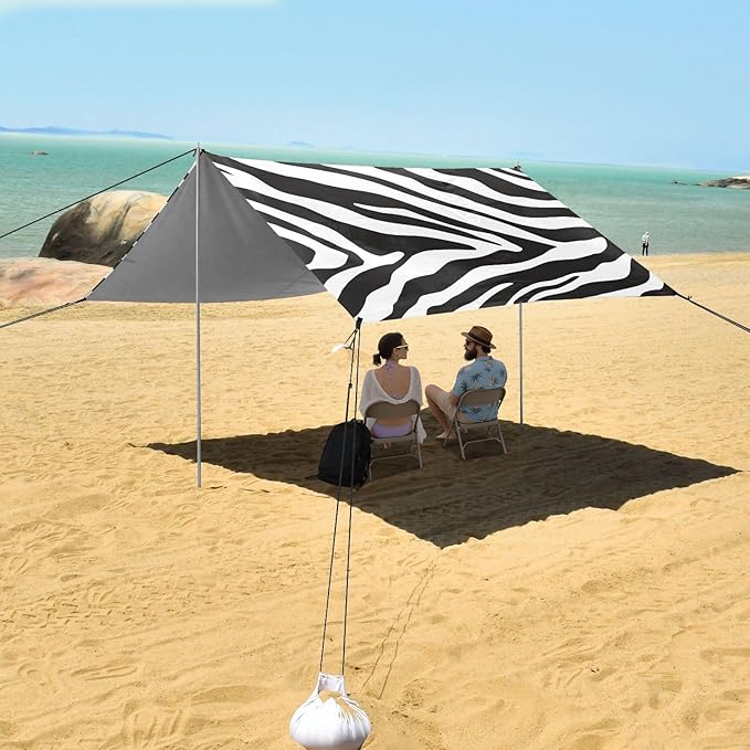 ALAZA White Black Tiger Prints Beach Tent Sun Shelter UPF50+ Protection Beach Shade Canopy w/ 4 Sandbags for Outdoor Camping Fishing Backyard Fun Picnic 10x9 ft