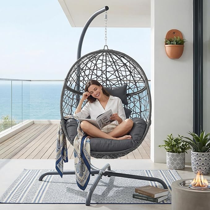 RADIATA Hanging Egg Chair with Stand Outdoor Swing Egg Chair with Thick Cushion Rattan Bird Cage Eggshell Basket Seat Patio Swinging Hammock Chair for Outside Backyard Dark Grey