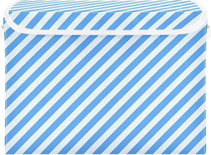 Collapsible Storage Bins with Lids Decorative Fabric Storage Cubes Closet Organizer and Storage Basket Boxes Containers for Clothes Box Chest Nursery Folding Rectangle Blue Stripes