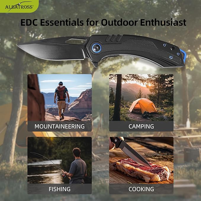ALBATROSS Valentine‘s Gift for Him EDC Folding Knife 3.3” Black D2 Steel Blade Black Aluminum &amp G10 Handle Ball Bearing Flip Thumb Hole Gift Box