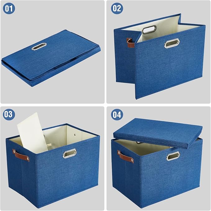 15 Large Collapsible Storage Bins with Lids Stackable Closet Organizers with PU Handle and Labels 3-Pack Decorative Fabric Storage Boxes for Home Bedroom Closet Office Nursery(Navy Blue)