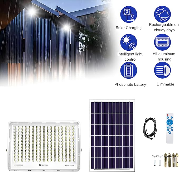 100W to 600W Pure White High Bright Solar Power Flood Light Outdoor Remote IP67 Waterproof Auto On/Off Wide Range Dusk to Dawn for Yard Gazebo Shed Barn Porch Patio Garage Garden (100W)