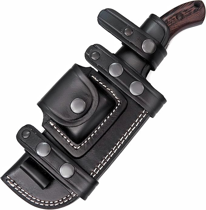 Ottoza 1095 Carbon Steel Tracker Knife with Horizontal Carry Leather Sheath – Full Tang Fixed Blade Survival Knife for Outdoors and Wenge Wood Handle 412