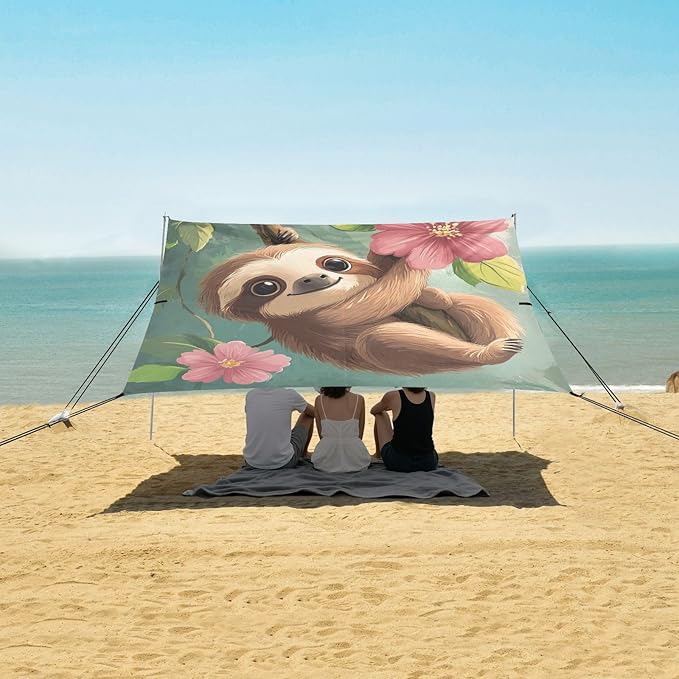 ALAZA Cartoon Sloth with Flower Tree Beach Tent Sun Shelter Portable Canopy Sunshade for Outdoor Camping Picnics Backyard Fun 10x9 ft