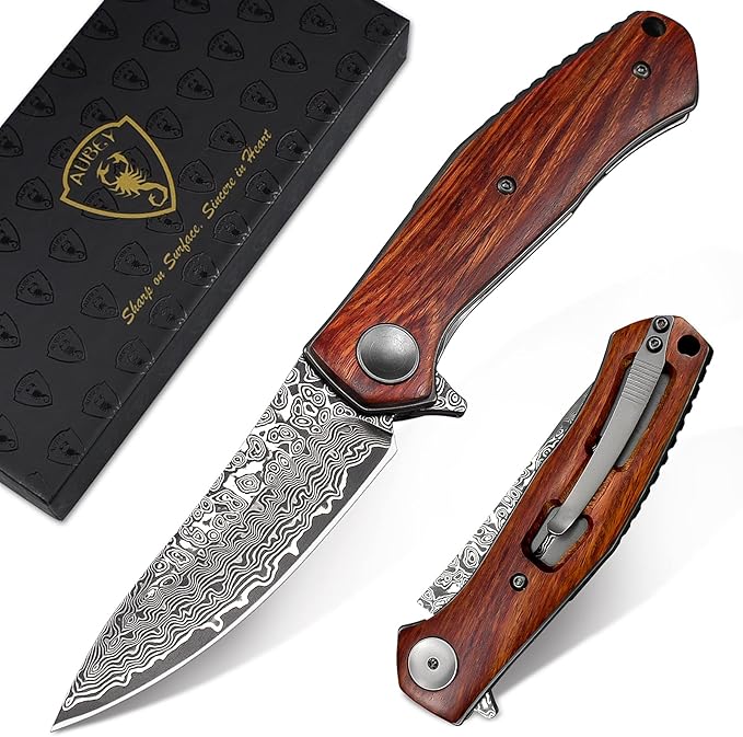 AUBEY Damascus Folding Knife with Wooden Handle