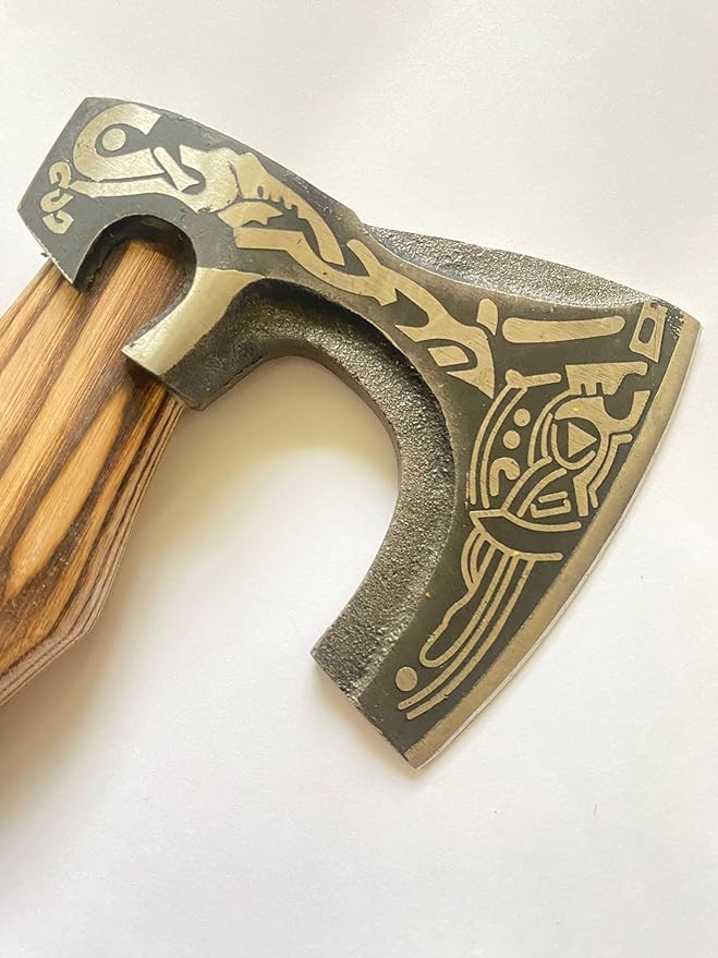 13” Inch Valhalla Axe – Carbon Steel Viking Axe Head with Engraved Handle Hatchet Axe with Genuine Leather Sheath and Wrap Camping Axe Throwing Axe -Viking Gift for Men
