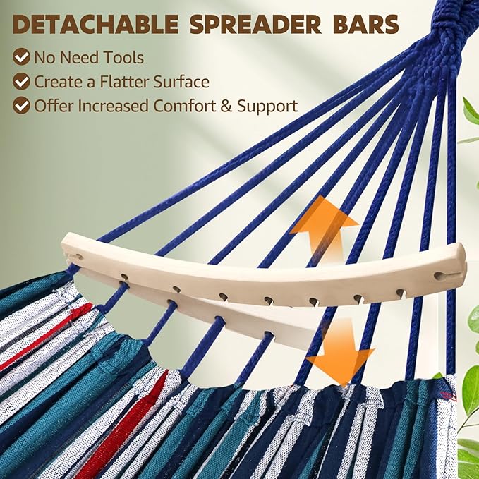 Chihee Cotton Hammock Holds Up to 660lbs Fabric Hammock 8.9x4.9ft Soft Portable Tree Hammocks Camping with Detachable Spreader Bar Pillow 2 Strong Webbings 2 Carabiners Indoor Outdoor Backyard Garden