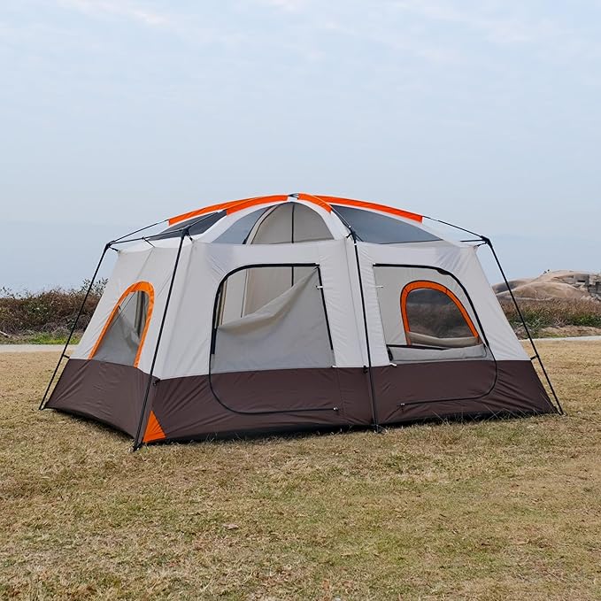 KTT Large Tent 6-8-10-12 PersonFamily Cabin Tents2 Rooms2 Doors and 4 Windows with MeshStraight WallWaterproofDouble LayerBig Tents for OutdoorPicnicCampingFamily Gathering