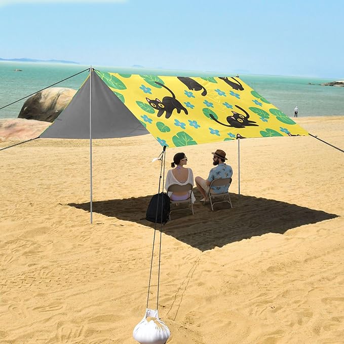Cat Beach Canopy Sun Shelter with Sandbags &amp Sand Shovel &amp Windproof Ropes - Portable 110x126 Beach Shade Beach Tent for Camping Picnics