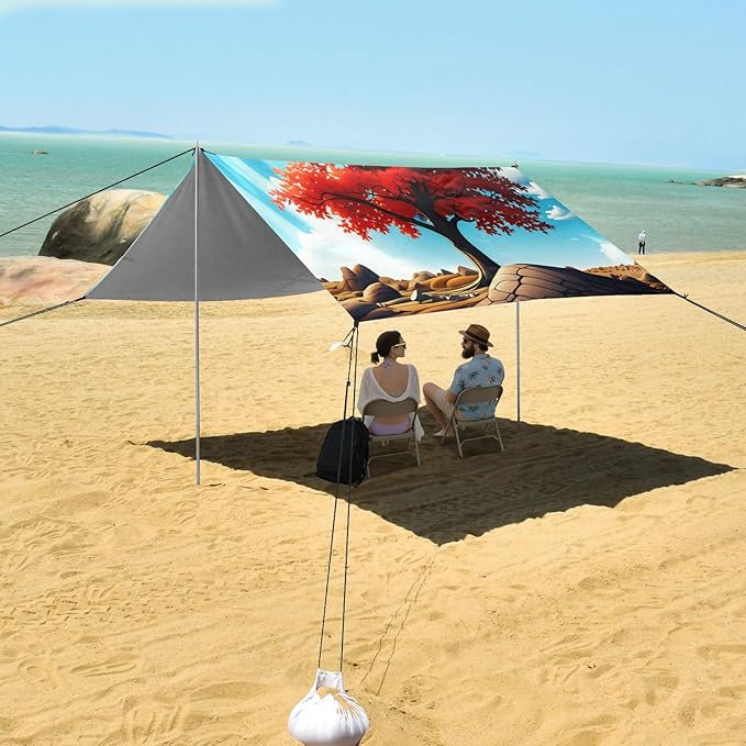 xigua Maple-Tree Beach Tent Sun Shelter with Carrying Bag - Silver Coated Oxford Fabric Beach Canopy for Beach Camping Fishing - Includes Windproof Ropes Sandbags &amp Stakes