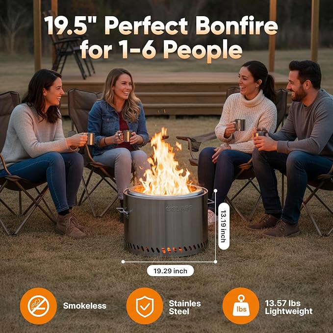 Golabs Smokeless Fire Pit 19.5 Portable with Handle Stainless Steel Outdoor Firepit with Removable Ash Pan &amp Fire Poker Easy to Clean Efficient Heating &amp Less Ash Perfect for Backyard &a