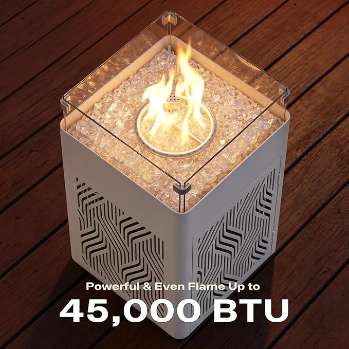 18 Aluminum Propane Fire Pit Table with 45000 BTU Square Outdoor Gas Fire Table with Glass Wind Guard Glass Stones &amp Waterproof Cover Patio Fire Table for Balcony Backyard Porch White