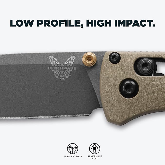 Benchmade - Bugout Outdoor EDC Folding Knife Slim Lightweight Plain Edge Drop-Point Blade CPM-S30V Stainless Steel (58-60HRC) Grivory Handle (535GRY-1)
