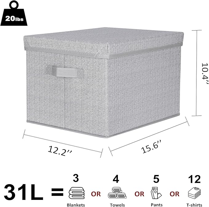 WUIKE 3 Pack Extra Large Foldable Storage Bins with Lids Fabric Storage Bins for Home and Closet Organization Herringbone Gray
