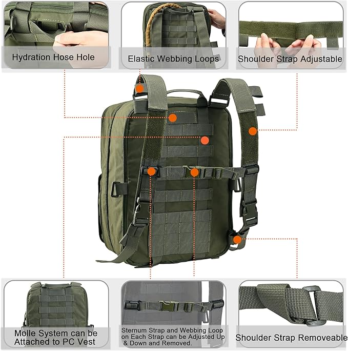 Tactical Expandable Flatpack Chest Rig Backpack MOLLE Assault Pack Hydration Pack for PC Vest (Ranger Green)