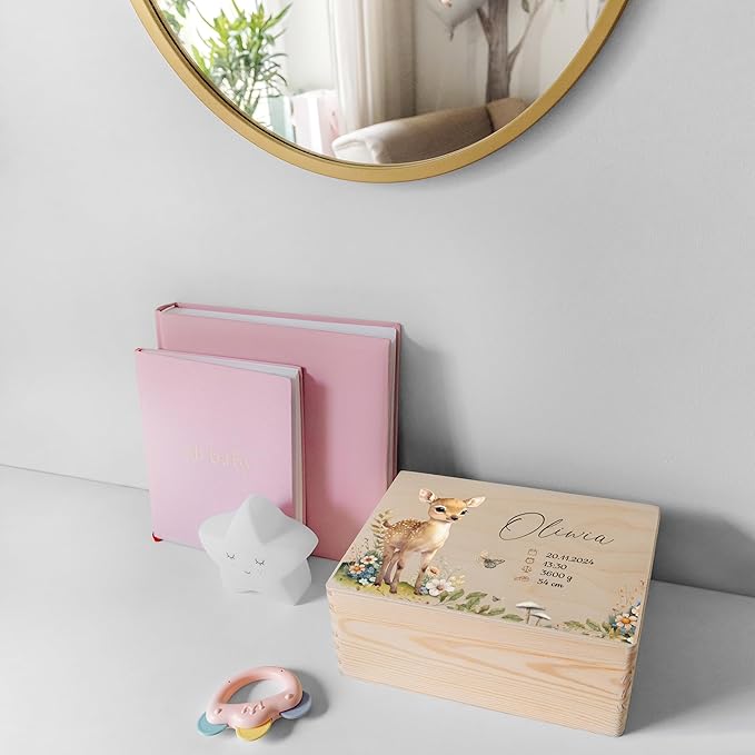 Creative Deco Personalized Wooden Baby Memory Box Storage Box - Wild Animals | 11.8x7.87x5.51in (+-0.5) | Hinged Lid Handle Engraving | Unpainted Gift Box ROUGH UNSANDED Keepsake Memory Souvenir Chest