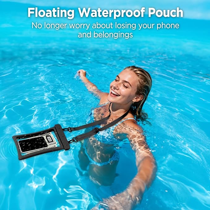 CACOE [Floatable Floating Universal IPX8 Waterproof Phone case 2 Pack-Up to 10.0Adjustable Lanyard Phone PouchCellphone Dry Bags for Vacation Beach Pool Kayak Cruise Travel Essentials（Black+Black）