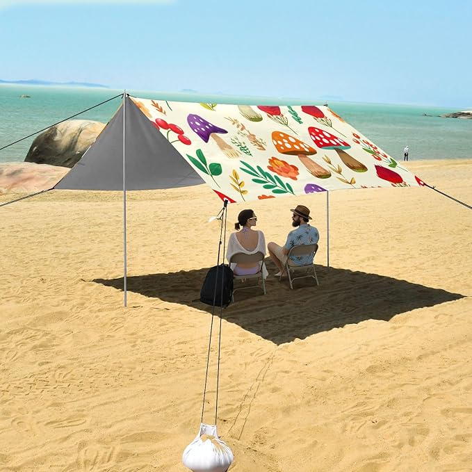 xigua Mushroom Beach Tent Sun Shelter with Carrying Bag - Silver Coated Oxford Fabric Beach Canopy for Beach Camping Fishing - Includes Windproof Ropes Sandbags &amp Stakes