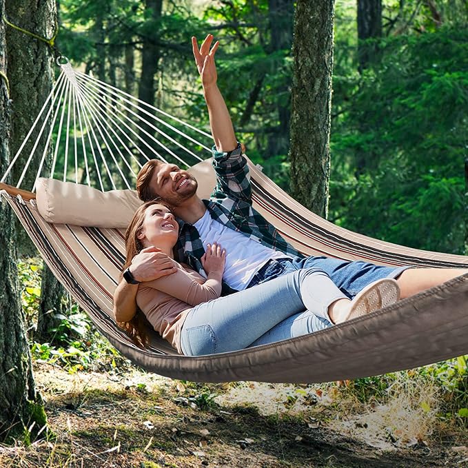 Double Hammock 11 FT Quilted Fabric 2 Person Hammock for Outside with Pillow Folding Curved Spreader Bar Chains Carrying Bag Indoor Outdoor 450 IB Capacity Havana Brown