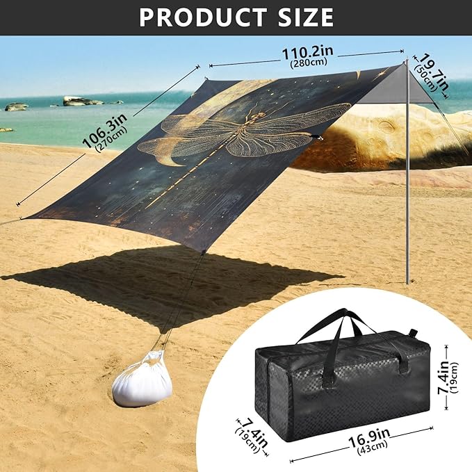 ALAZA Dragonfly Crescent Moon Beach Tent Sun Shelter Portable Canopy Sunshade for Outdoor Camping Picnics Backyard Fun 10x9 ft