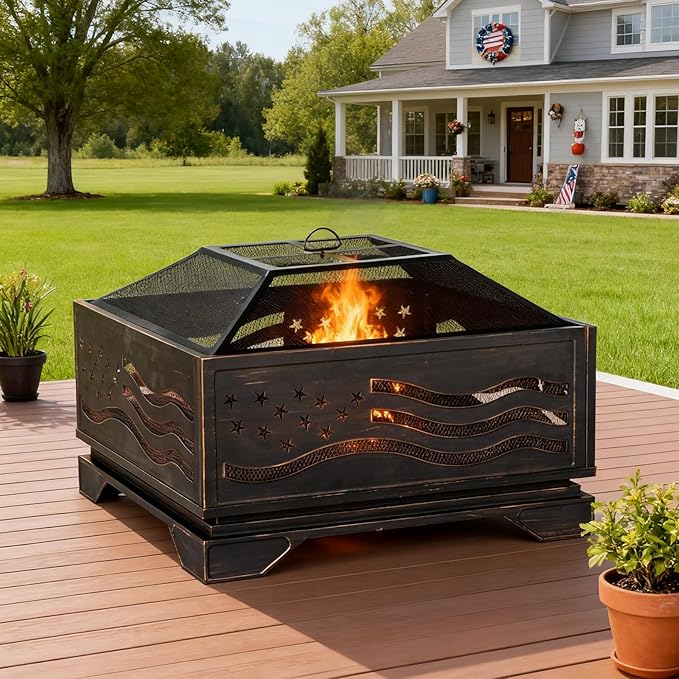 Verdeluxe 32Inch Square-Shaped Fire PitOutdoor Fire Pits with Spark Screen&ampPokerMetal Square Wood Burning Firepits for OutsideBackyardBonfirePatioPartyGardenPicnic and Camping(Antique Bron