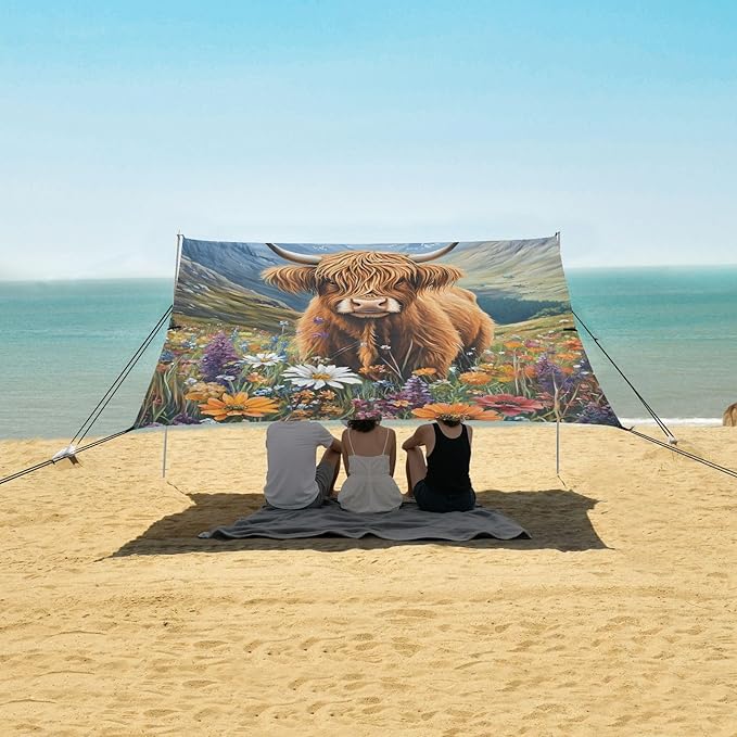ALAZA Oil Painting Highland Cow Flowers Beach Tent Sun Shelter Portable Canopy Sunshade for Outdoor Camping Picnics Backyard Fun 10x9 ft