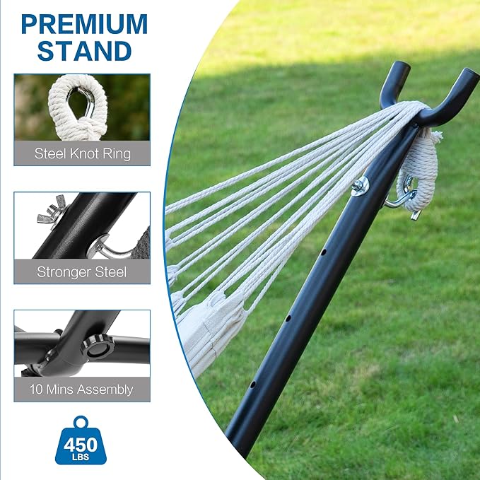 PNAEUT Double Hammocks with Stand for Outside Portable Space Saving Heavy-Duty Steel Stand for Indoor Outdoor Patio with Carrying Bag 450 lbs Capacity (Beige)