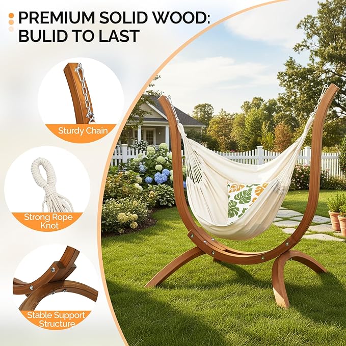 ONCLOUD Hammock Chair with Wooden Stand Curved Hanging Chair Set with Throw Pillow Portable Wooden Hammock Chair for Outdoors 330LBS (Teak)