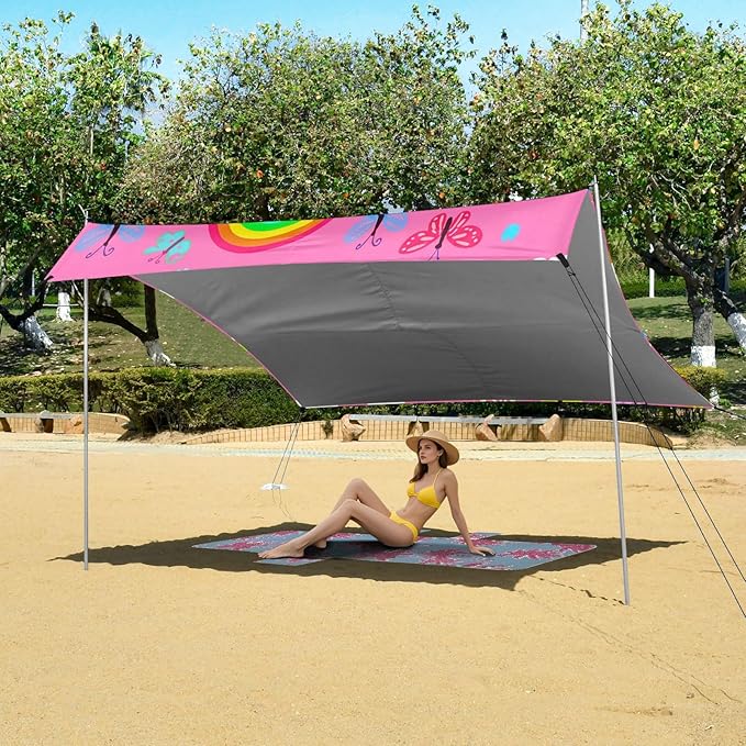 xigua Butterflies Beach Tent Sun Shelter with Carrying Bag - Silver Coated Oxford Fabric Beach Canopy for Beach Camping Fishing - Includes Windproof Ropes Sandbags &amp Stakes
