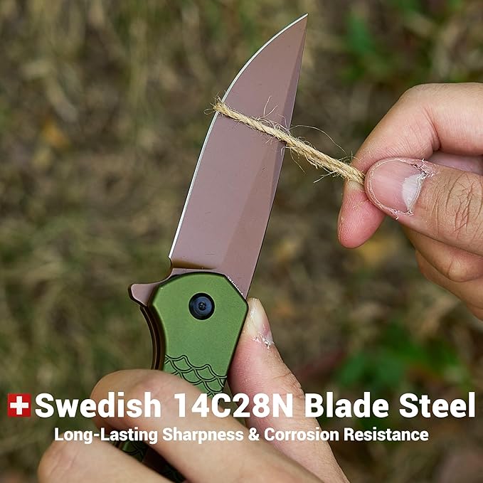 KANSEPT Accipiter Pocket Knife 3.53Rose Gold 14C28N BladeGreen Anodized Aluminum with Fish Scale Texture Handle Flipper Open &amp Button Lock Deep Clip EDC Folding Knives for Camping Hunting T10
