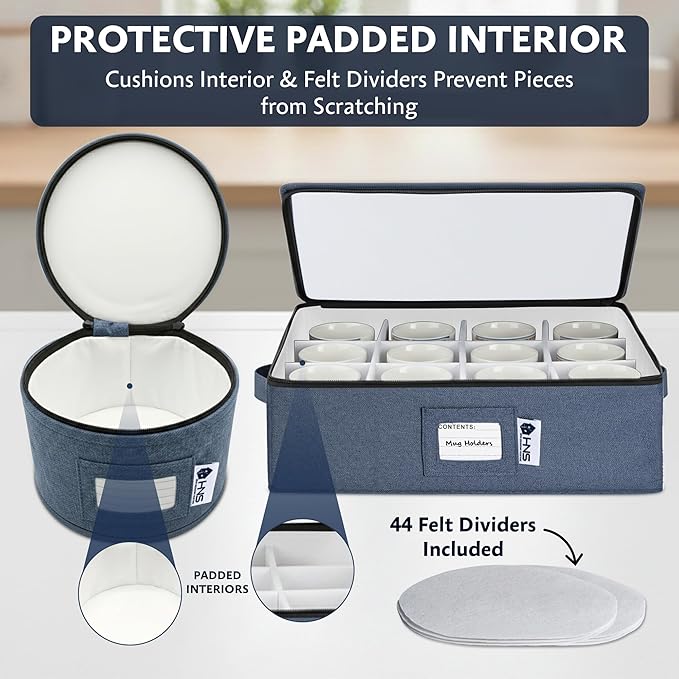 China Storage Hard Shell Containers 5-Piece Set Moving Boxes for Dinnerware Glasses Plates Mugs and Saucers Sturdy Dish Organizer with Dividers for Seasonal Storage - Service for 12 - Denim Blue
