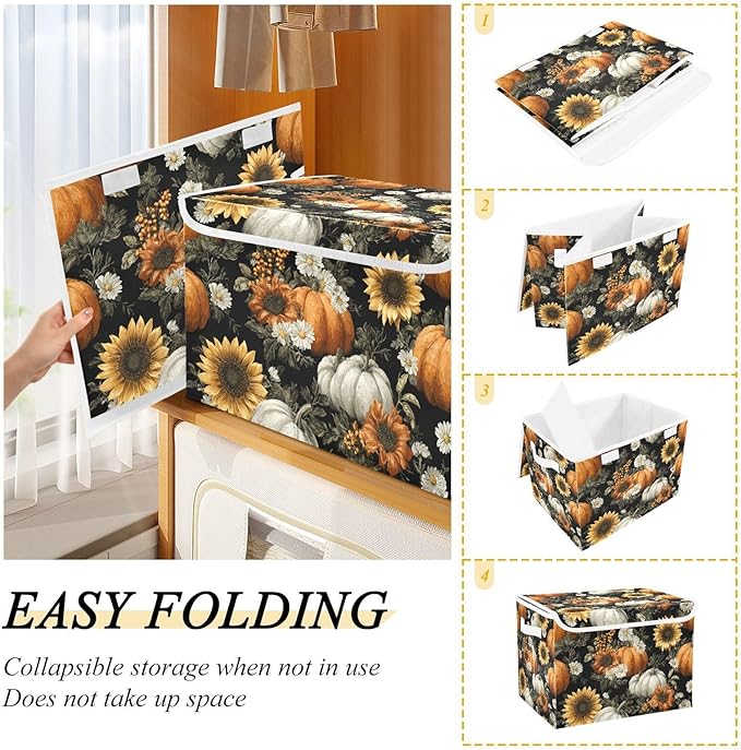 Storage Bins with Lids Storage Containers Box Organizer Bin Basket with Handles for Closet Shelves Clothes Stackable Foldable Decorative Black Pumpkins Sunflowers Daisy