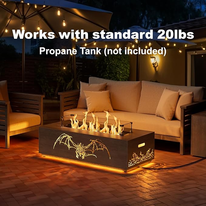 SUNPEAK 42 Propane Fire Pit table with LED Light - 50000 BTU with Wind Guard Lid Rocks and Cover - Gas Fire Pits for Outside Patio - Fire Pit Tables for Outside Patio (Grey/Dragon Cutout 42 LED)