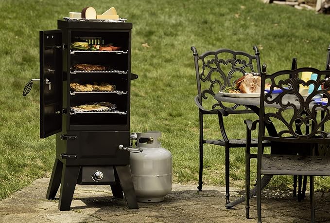 Cuisinart 36” Vertical Propane Smoker 4 Removable Racks Spacious BBQ Smoker with Wood and Water Trays 15000 BTU Heat for Smoked Meat Brisket Jerky Fish Perfect for Tailgates Backyard Camping