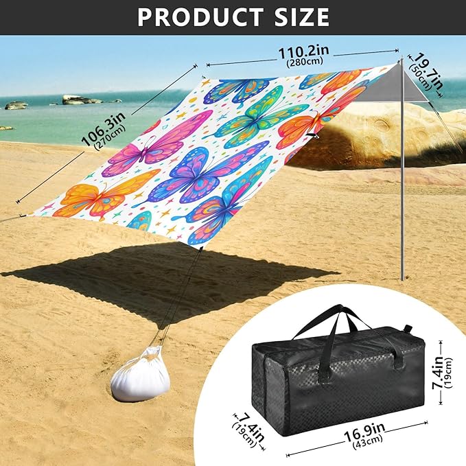 xigua Butterflies Beach Tent Sun Shelter with Carrying Bag - Silver Coated Oxford Fabric Beach Canopy for Beach Camping Fishing - Includes Windproof Ropes Sandbags &amp Stakes