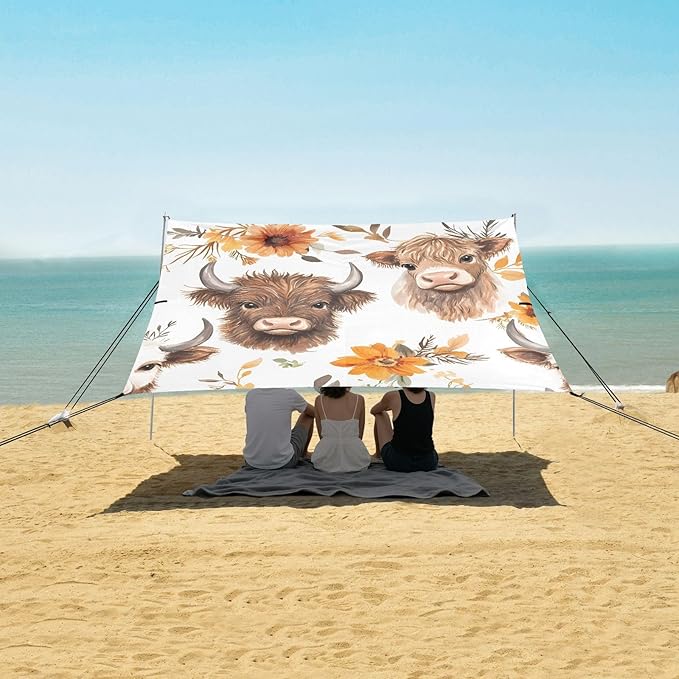 ALAZA Highland Cattle Flowers Pattern Beach Tent Sun Shelter Portable Canopy Sunshade for Outdoor Camping Picnics Backyard Fun 10x9 ft