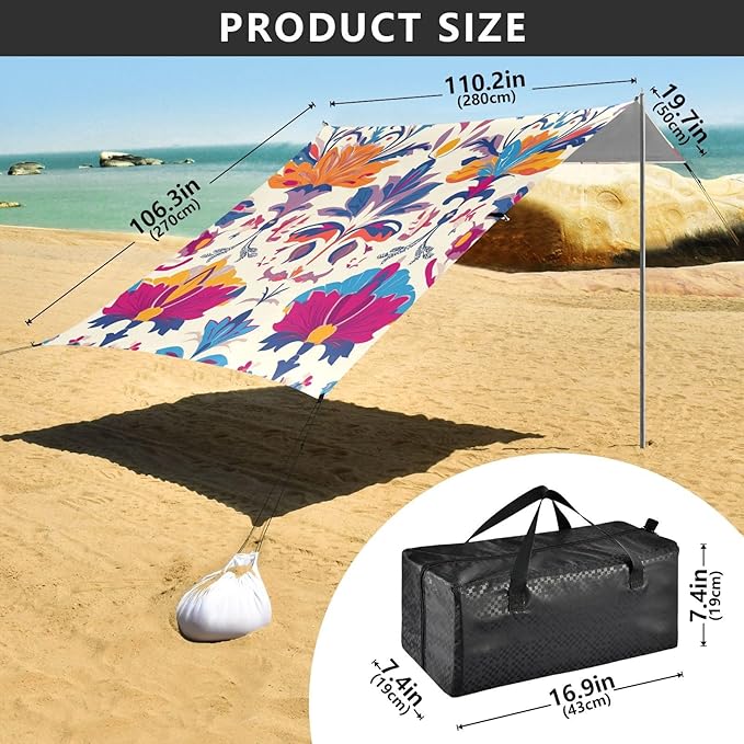 ALAZA Indian Ethnic Flower Beach Tent Sun Shelter Portable Canopy Sunshade for Outdoor Camping Picnics Backyard Fun 10x9 ft