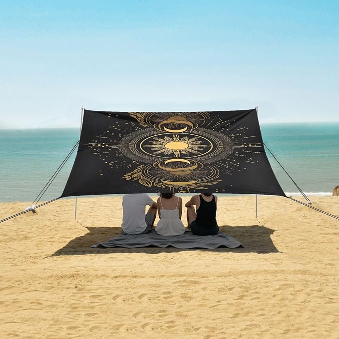 ALAZA Golden Sun Moon Astrology Beach Tent Sun Shelter UPF50+ Protection Beach Shade Canopy w/ 4 Sandbags for Outdoor Camping Fishing Backyard Fun Picnic 10x9 ft