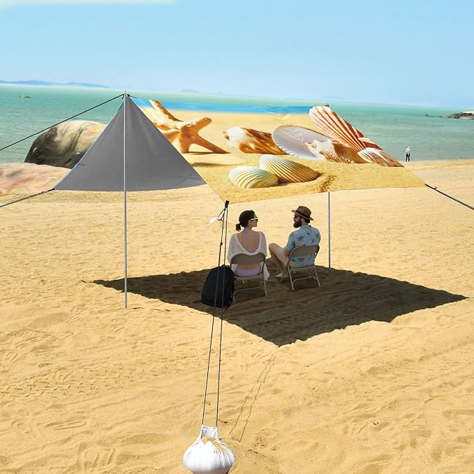 Beach Canopy with Windproof Ropes &amp Sandbags Beach Tent Sun Shade Sun Shelter for Camping Trips Fishing Backyard Fun or Picnics Beach
