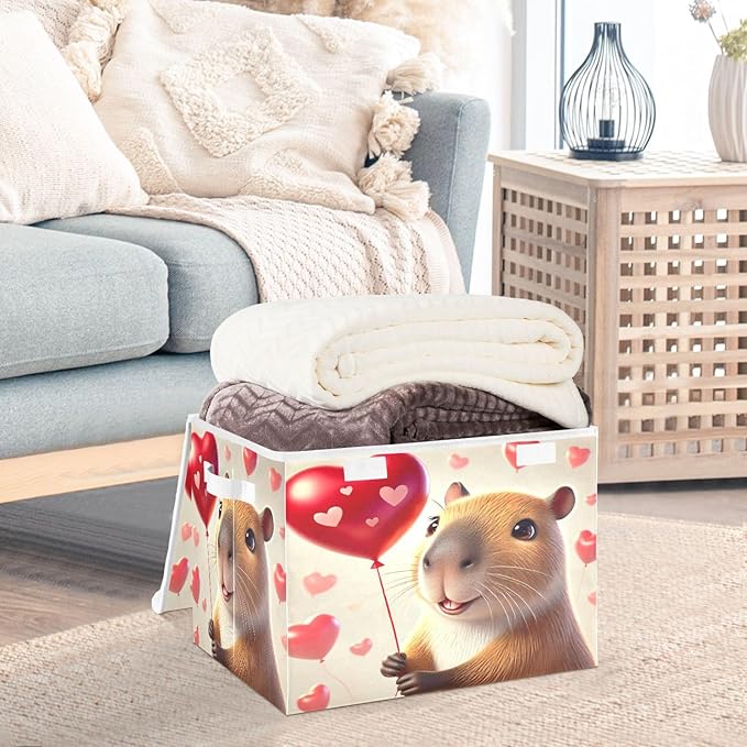 Capybara Valentines Balloon Heart Storage Bin Box with Lids Closet Storage Cube Large Foldable Organizer Container Fabric with Handles for Bedroom Clothes
