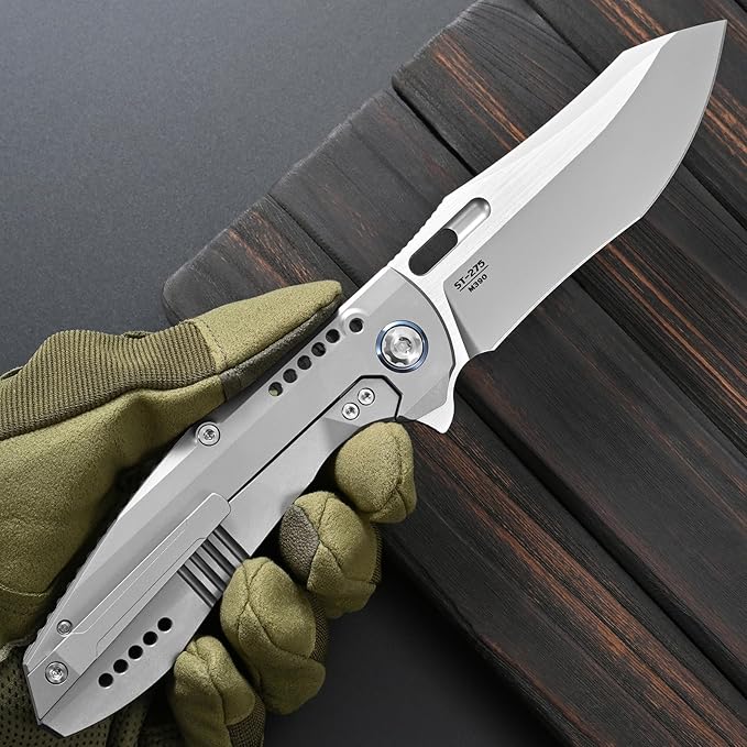 Sitivien ST275 Folding Knife M390 Steel Blade Titanium and Timascus Handle Knife with Safety Lock Frame Lock for Outdoor Camping Hiking Survival