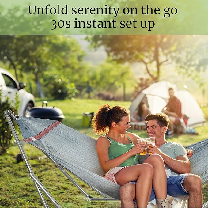 Tranquillo Double Hammock with Stand 650lb Capacity Double Hammock with Spreader Bar Solid Grade 201 Stainless Steel 30s Set Up Sturdy Flexible Hammock Stand Portable Outdoor Indoor Grey